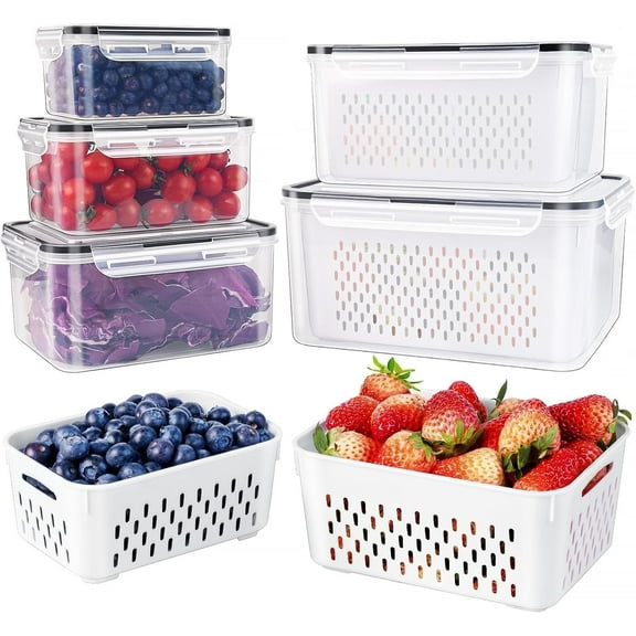 DUCHIFAD 5 Pack Fruit Storage Containers for Fridge 10–148 oz, BPA-Free Airtight Food Storage with Removable Colander, Stackable Vegetable & Fruit Keeper Bins