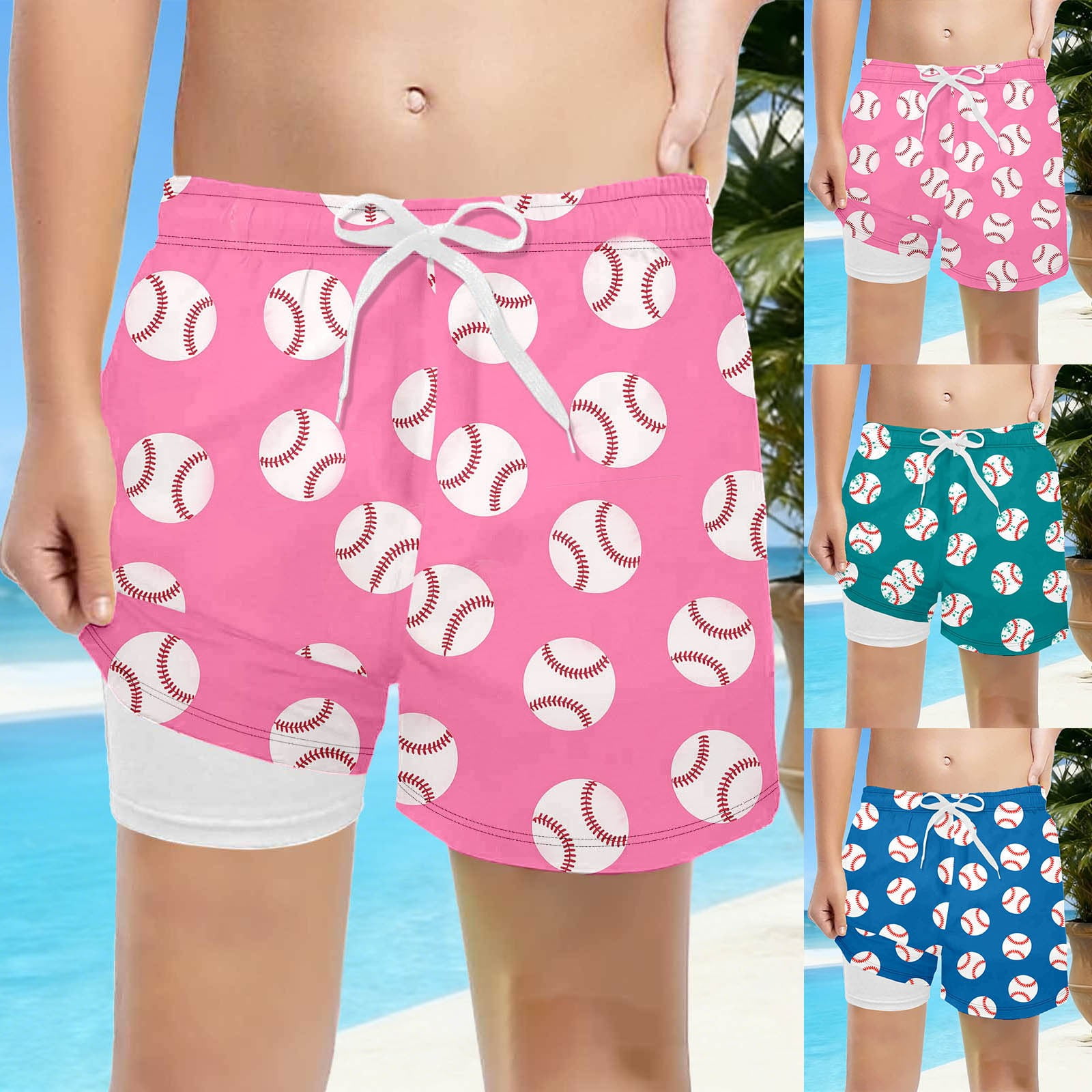 RTKFRFLM Boys 2-in-1 Swim Trunks with Mesh Pockets Kids Double Layer Beach Shorts with Drawstring Mesh Print Quick Dry Board Shorts for Boys Ages 2-14 Year