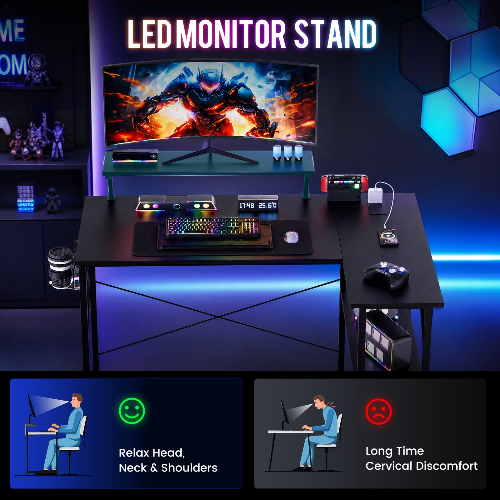 CLOUDREST PRO 42" L-Shaped Gaming Desk, Power Outlets & RGB LEDs, Black