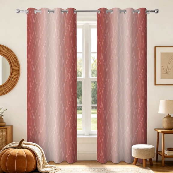 Ombre Blackout Curtains For Bedroom,Thermal Insulated Window Drapes,Grommet,2 Panels,63 Inch Length,Red Wavy Line