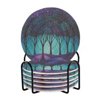 Yayeee 6 PCS Drink Coasters with Holder Set Woven Absorbent Round Tabletop Hot Pad, Purple Moonlight Forest