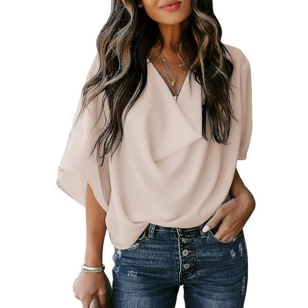 Tops fruncidos para mujer, cuello en V, manga corta de murciélago, blusa informal holgada de Color puro para fiesta, oficina y viajes