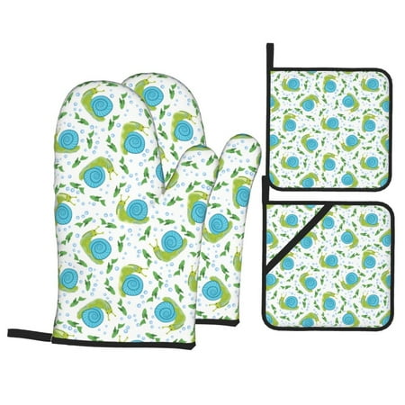 

Oven Mitts and Pot Holders 4 pcs Set Blue Green Slug Fish Heat Resistant Pot Holders Oven Mitts for kitchen Non-Slip Hanging Loop Oven Glove Potholders for Baking Cooking