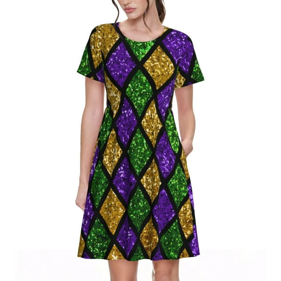 Defioc Mardi Gras Shiny Green Purple Pattern Womens Summer Dresses Short Sleeve Sundress 2025 Beach Vacation Dresses with Pockets -Small
