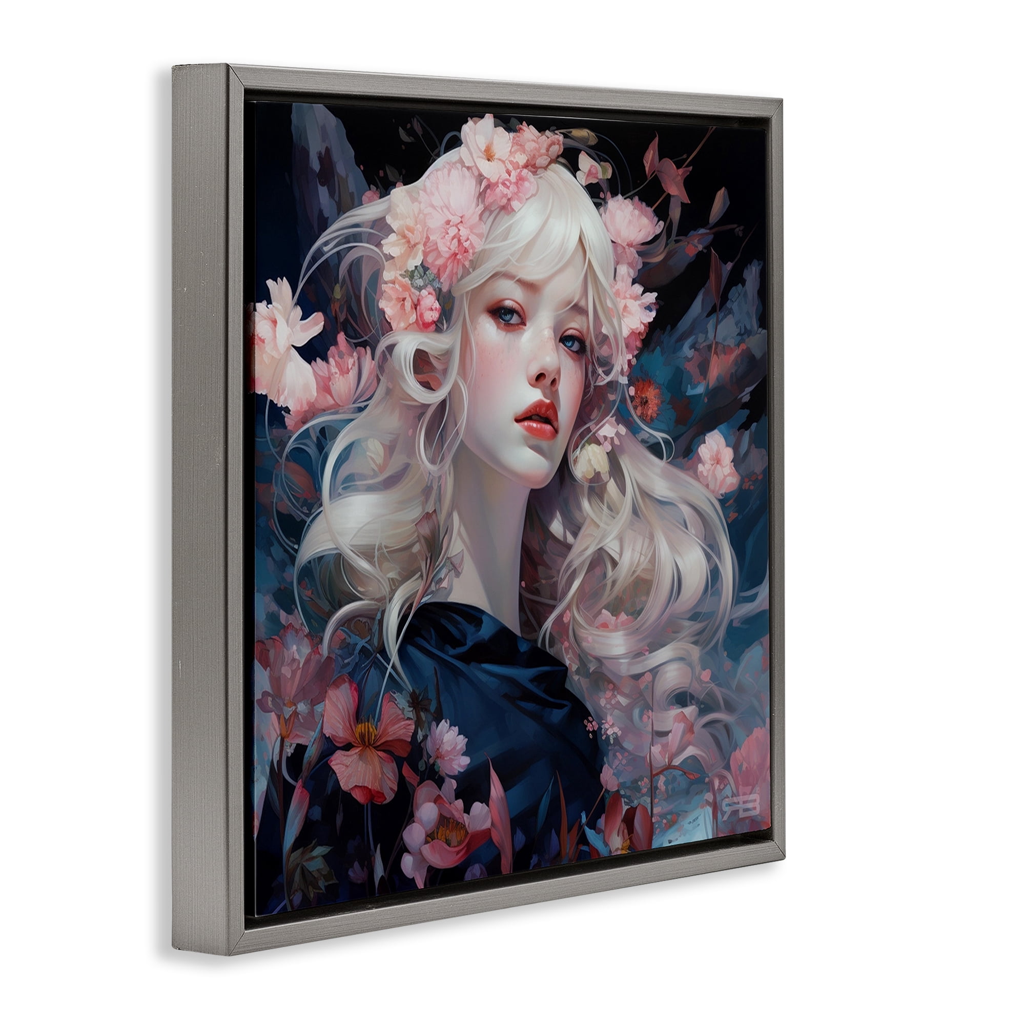 Stupell Industries Delicate Florals Portrait People Painting Gray Floater Framed Canvas Art Print Wall Art, 18 x 18