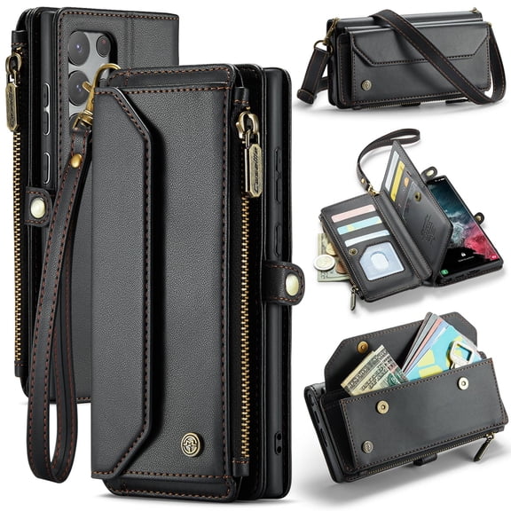 New Crossbody for Samsung Galaxy S22 Ultra Case Wallet【RFID Blocking】with 10-Card Holder Zipper Bills Slot, Soft PU Leather Magnetic Shoulder Wrist Strap for Samsung Galaxy S22 Ultra Wallet Case