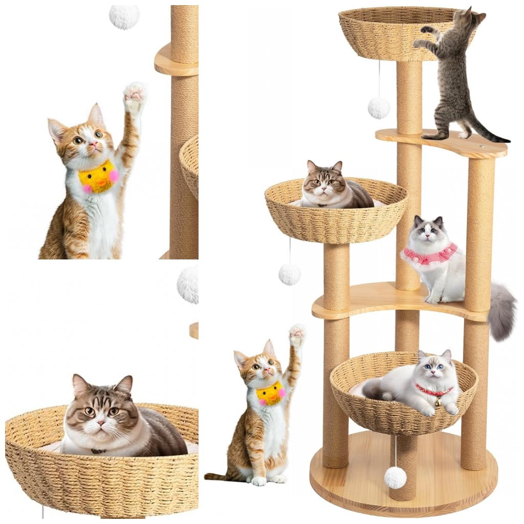 SHZOND Multi-Level Cat Tree Tower, 52" Oak Wood Cat Tree for Large Cats with 3 Weaving Cat Nests, Morden Cat Condo with 8 Scratching Posts for Indoor Cats, Cats Furniture Activity Center