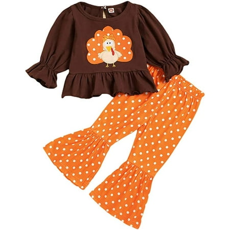

Toddler Baby Girl Thanksgiving Clothes Long Sleeve Ruffles Tops + Polka Dot / Leopard Flared Pants Outfit Set