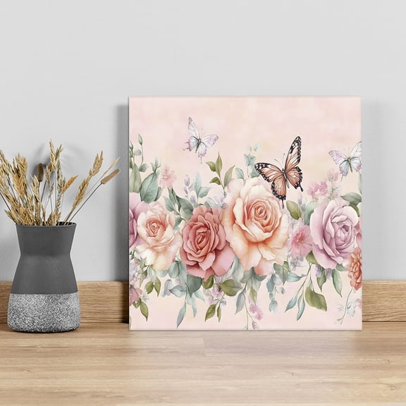 Pink Roses Blossom Wall Art Painting on Canvas, Vintage Butterfly Romantic Butterfly Canvas Art Home Prints Wall Art Framed Modern Artwork for Living Room Bedroom Wall Decor 8x8in
