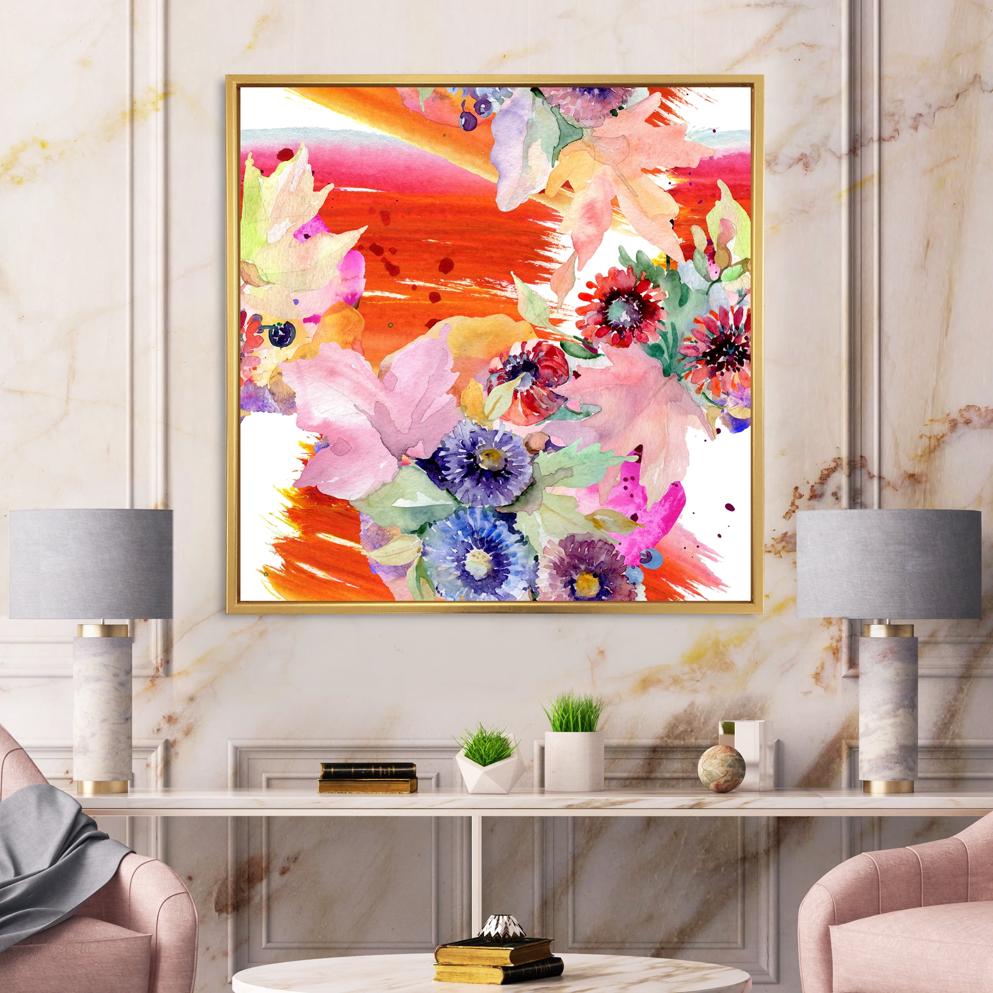 Designart 'Wildflowers and Vibrant Wild Spring Leaves VII' Modern Framed Canvas Wall Art Print