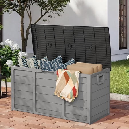 Marknig 75 Gallon Deck Box, Indoor Outdoor Storage Box for Patio Furniture, Pool Accessories, Garden Tools, Sports Equipment, Waterproof Resin Rattan Box with Lockable Lid and Side Handles,Gray