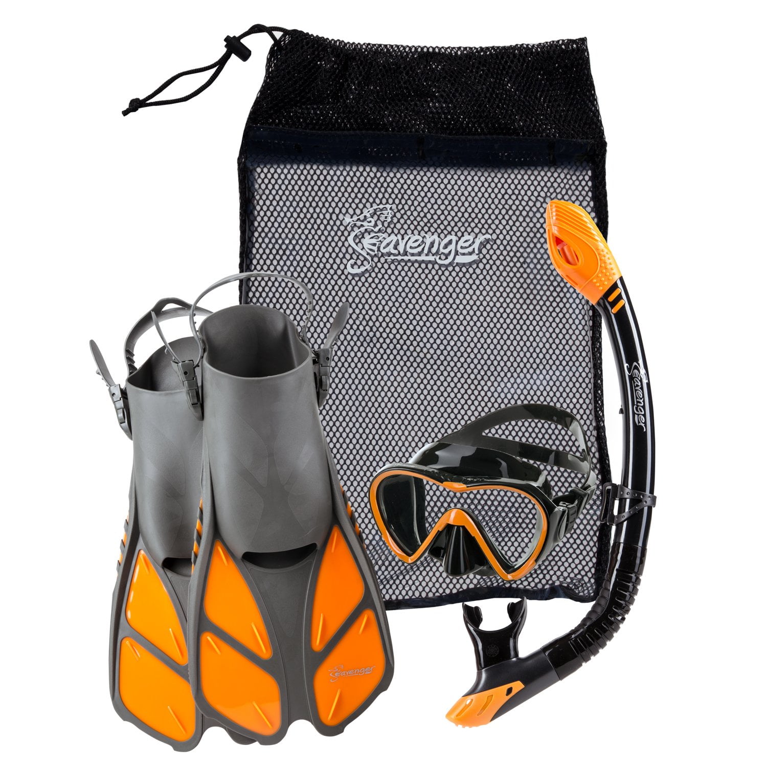 Seavenger Aviator Diving Kit/Snorkeling Set | Kids and Adults (Black Silicone/Orange, L/XL)
