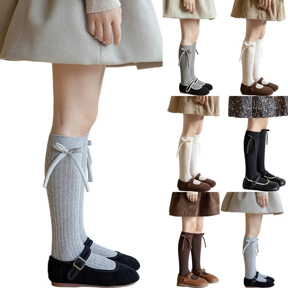 ZQUUVOU Bow Knee High Socks for Girls Ribbed Knit Cotton Cute Soft Over Calf Stockings School Uniform Dress Long Sock Gray