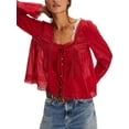 thumbnail image 2 of Women Tie Front Long Sleeve Top Lace Trim Button Shirt Square Neck Loose Blouse Going Out Y2k Clothes Wine Red L, 2 of 8