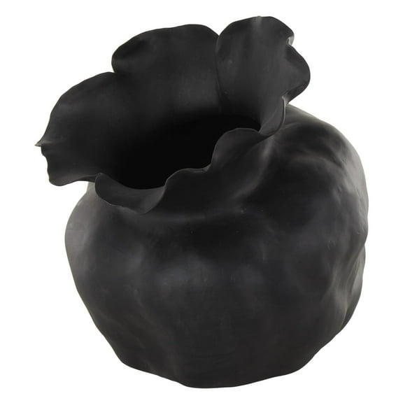 DecMode 13" Abstract Wide Rounded Floral Shaped Black Ceramic Vase with Petal Rim