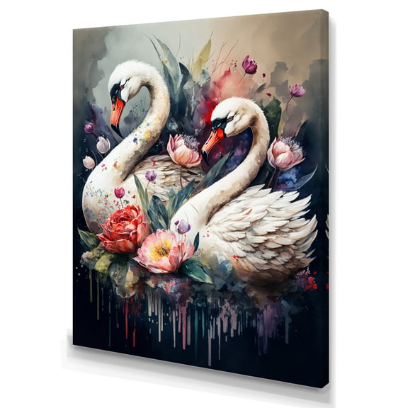 Designart Cute Swans Floral Art I Canvas Wall Art