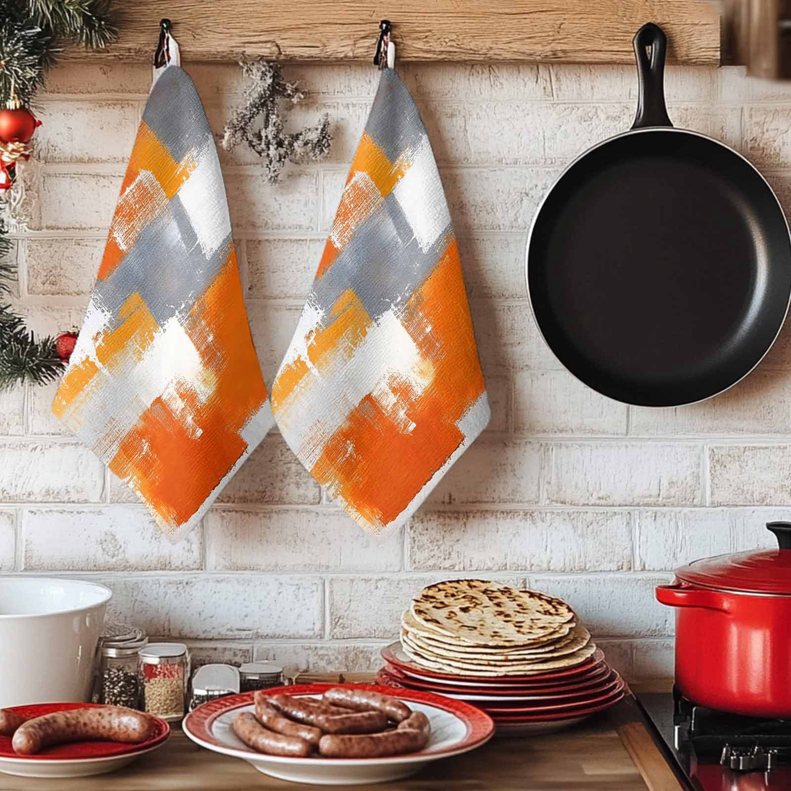 Burnt Orange Grey Kitchen Towels Set of 2, Modern Oil Painted Geometric Abstract Absorbent Dish Towels for Kitchen, Microfiber Hand Towel, Quick Drying Tea Towel for Cleaning Decorative Dishcloths