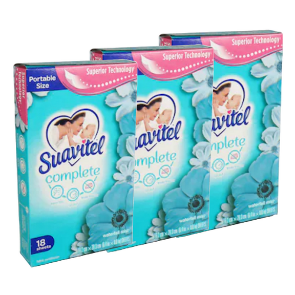 Suavitel Complete Fabric Softener Dryer Sheets,  Waterfall Mist, 18 Sheets, 3 Pack 54 Dry Sheets Total