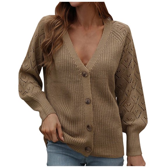 Lilgiuy Women Casual Solid Knitting Buttons Hollow Out Long Sleeve V-Neck Sweaters Tops,Khaki,L(L) Winter Fashion 2022