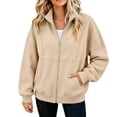 thumbnail image 2 of dazeni Zip up Jackets for Women No Hood Lightweight Long Sleeve Casual Coat Solid Fall Winter Fleece Lined Stand Collar Outwear with Pockets Khaki X-Large, 2 of 5