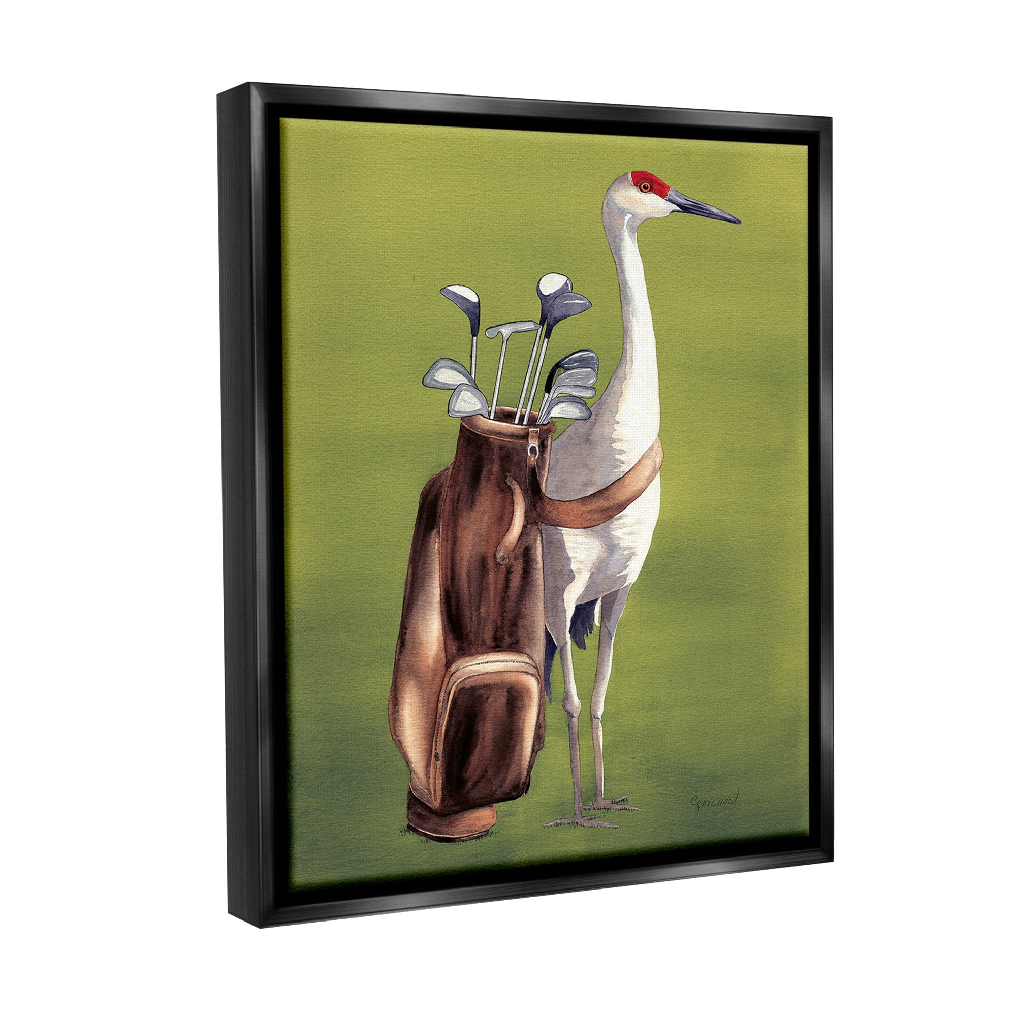 Stupell Industries Crane Bird with Golf Clubs Animals & Insects Painting Black Floater Framed Canvas Art Print Wall Art, 17 x 21