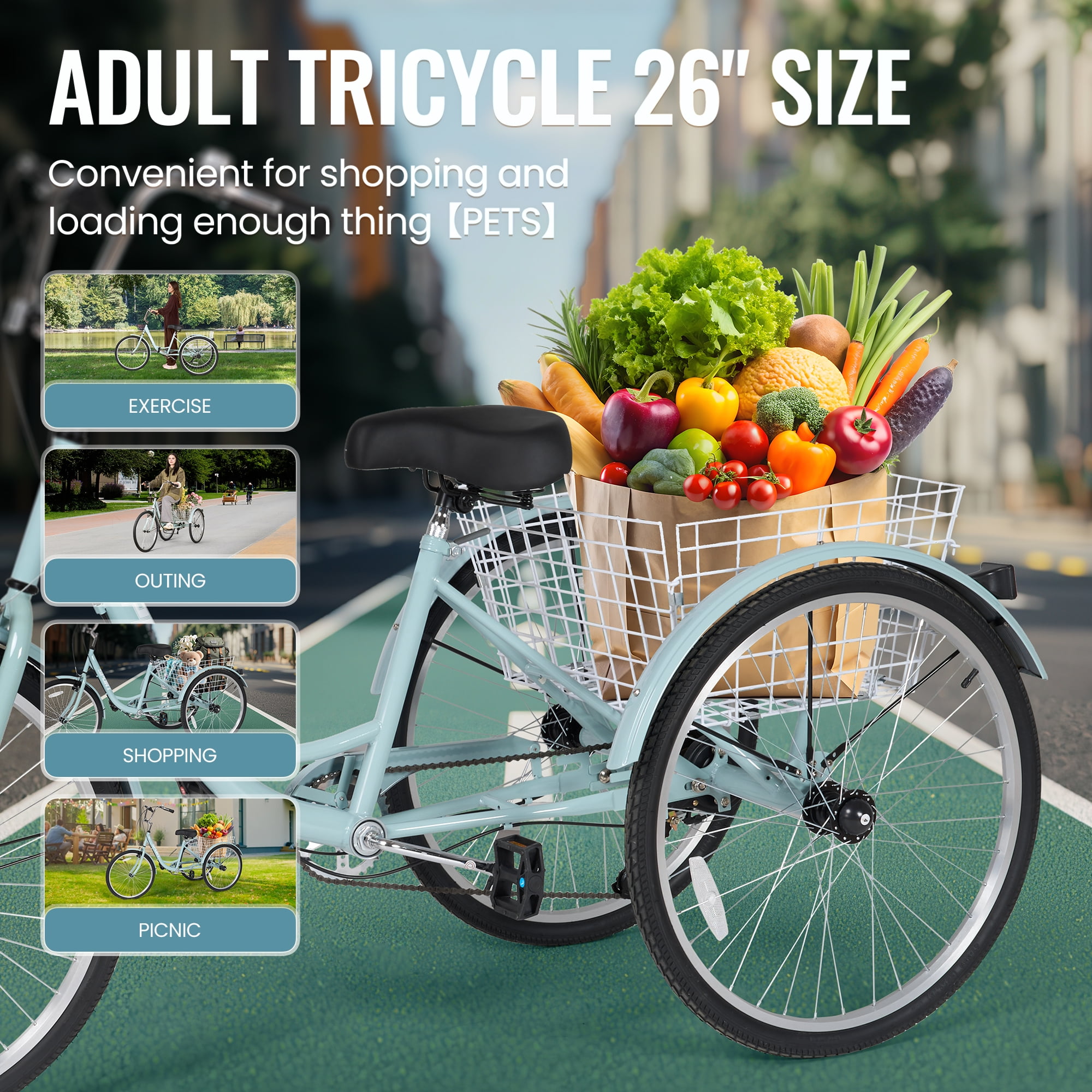 Naipo Adult Tricycle 7 Speed Trikes 3 Wheel  26'' Bikes for Adults, Trike for Women Men,  Rear Removable Wheeled Baskets - Seniors & Commuters, 350 lb - Green