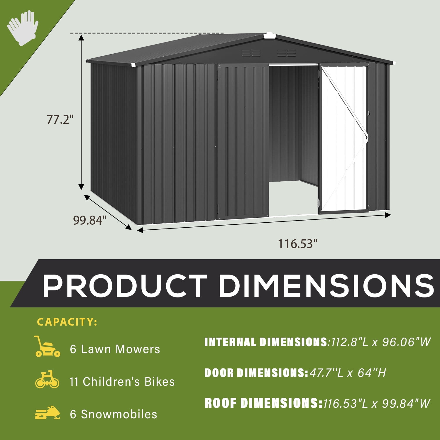 YODOLLA 10 x 8 ft. Outdoor Metal Storage Shed with Sliding Roof & Lockable Door in Dark Grey