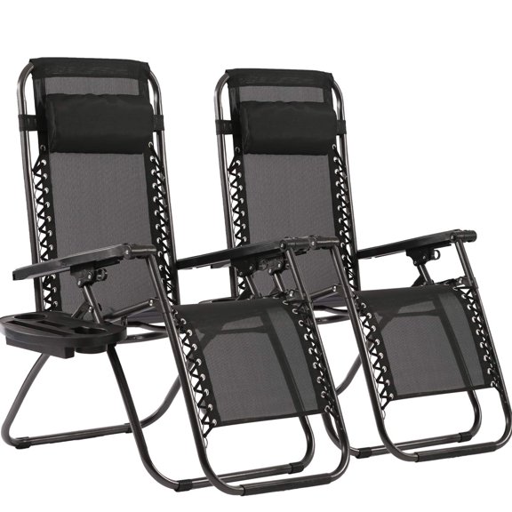 CHAUKY Set of 2 Adjustable Steel Mesh Zero Gravity Lounge Chair Recliners w/Pillows and Cup Holder Trays - Black