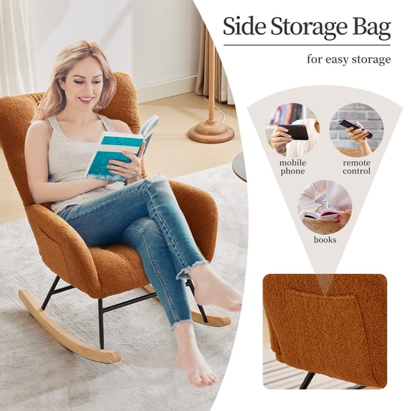 Modern Minimalist Rocking Chair, Teddy Boucle Upholstered High Backrest Armchair with Side Storage Pocket, Silent Smooth Rocking for Living Room, Bedroom, Nursery, Beige