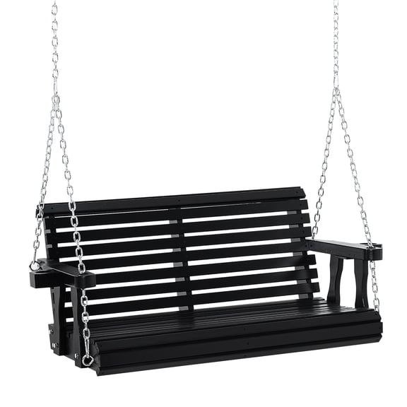 Porch Swing with Chains and Cupholders, 2 Person Wooden Patio Swing Chair, 440 lbs. Weight Capacity, for Garden, Poolside, Backyard, Black