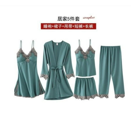 

PIKADINGNIS 5PCS Robe&gown Set Women Lace Trim Satin Sleepwear Pyjamas Summer Bridal Wedding Nightwear Casual Home Wear Kimono Best Friend