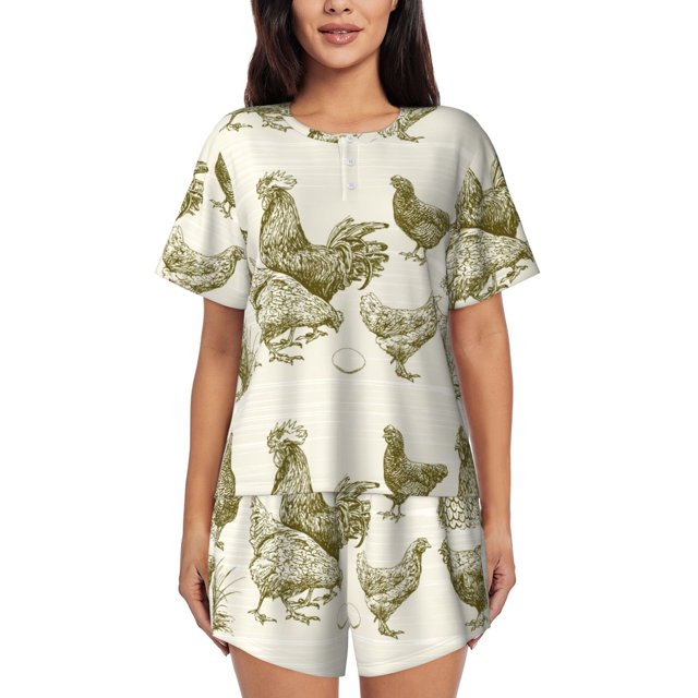 Balery Chickens Conjunto de Pijama para Mujer con Estampado, Dos Piezas de Manga Corta y Shorts, Ropa de Dormir Suave con Cuello Redondo y Bolsillos-3X-Large