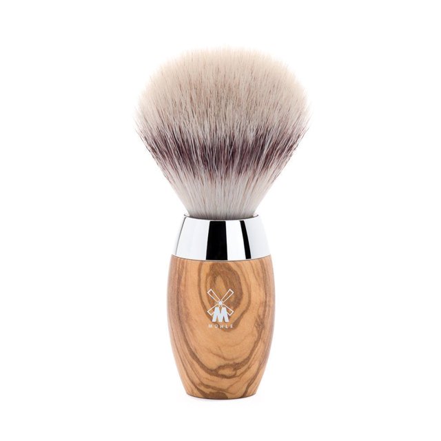 Brocha de afeitar MHLE KOSMO de fibra de punta plateada de madera de olivo, brocha de afeitar sintética de lujo para hombres, espuma rica