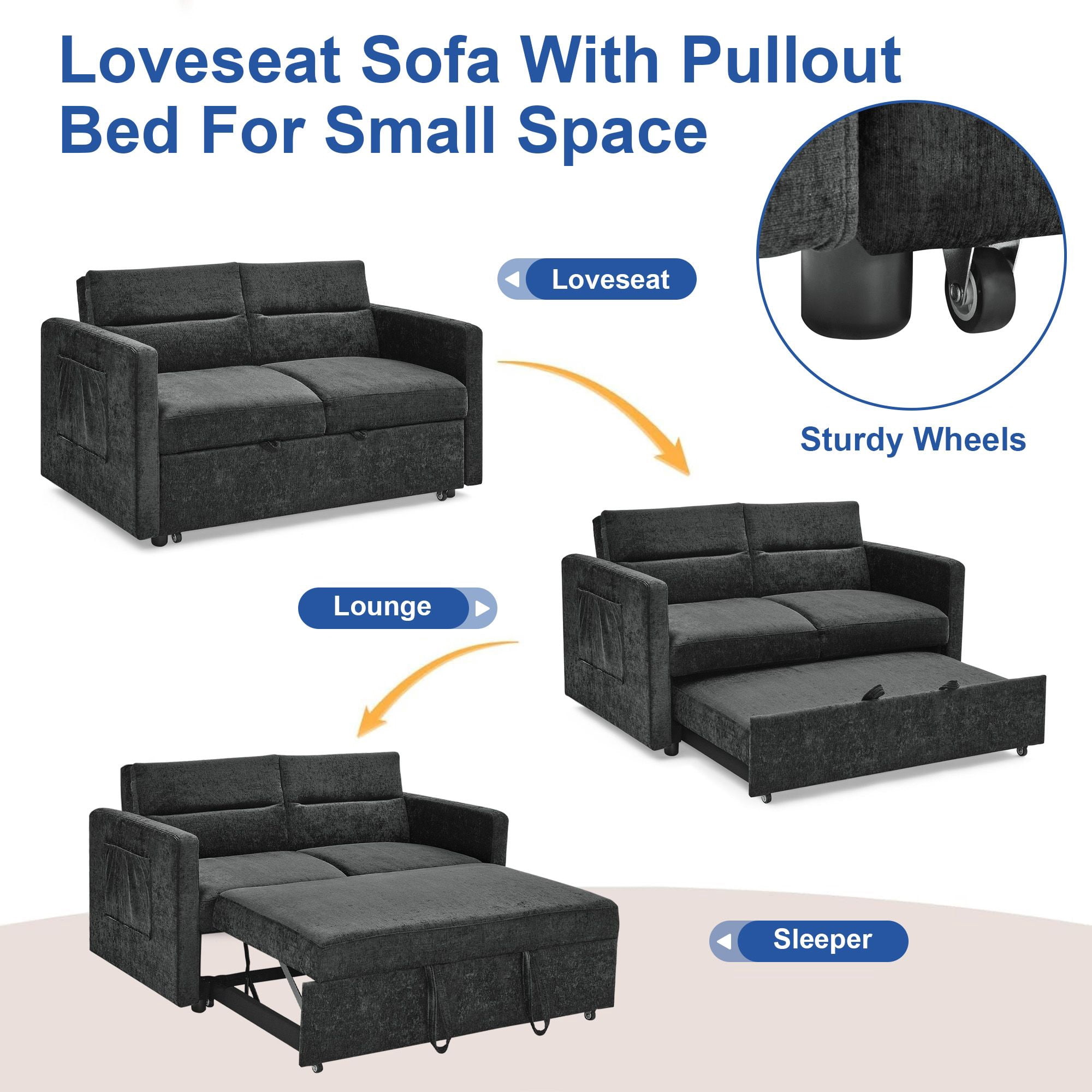 DEALTOPS Convertible Pull Out Sofa Bed, Adjustable Loveseat Sleeper with Side Pockets, Black