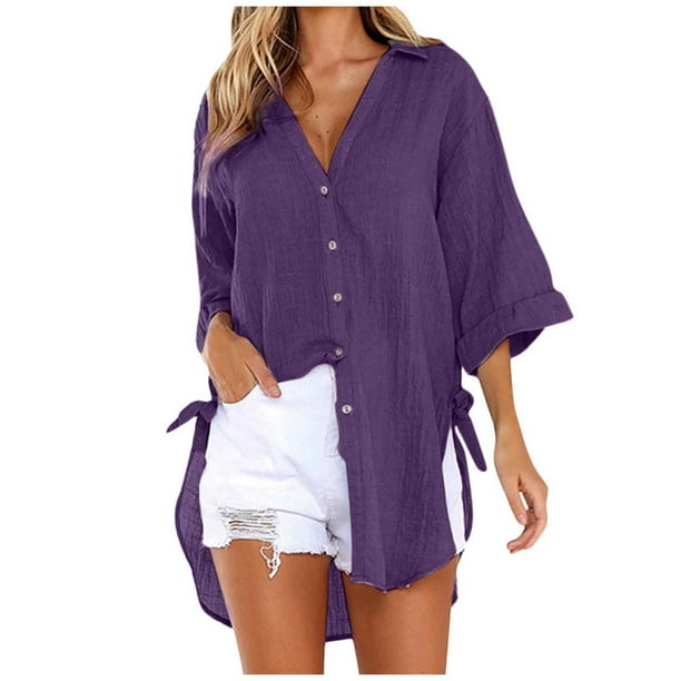 Vestido camisero largo holgado con botones para mujer - Tops casuales de algodón, cuello en V y manga larga, poliéster, ropa de verano/otoño