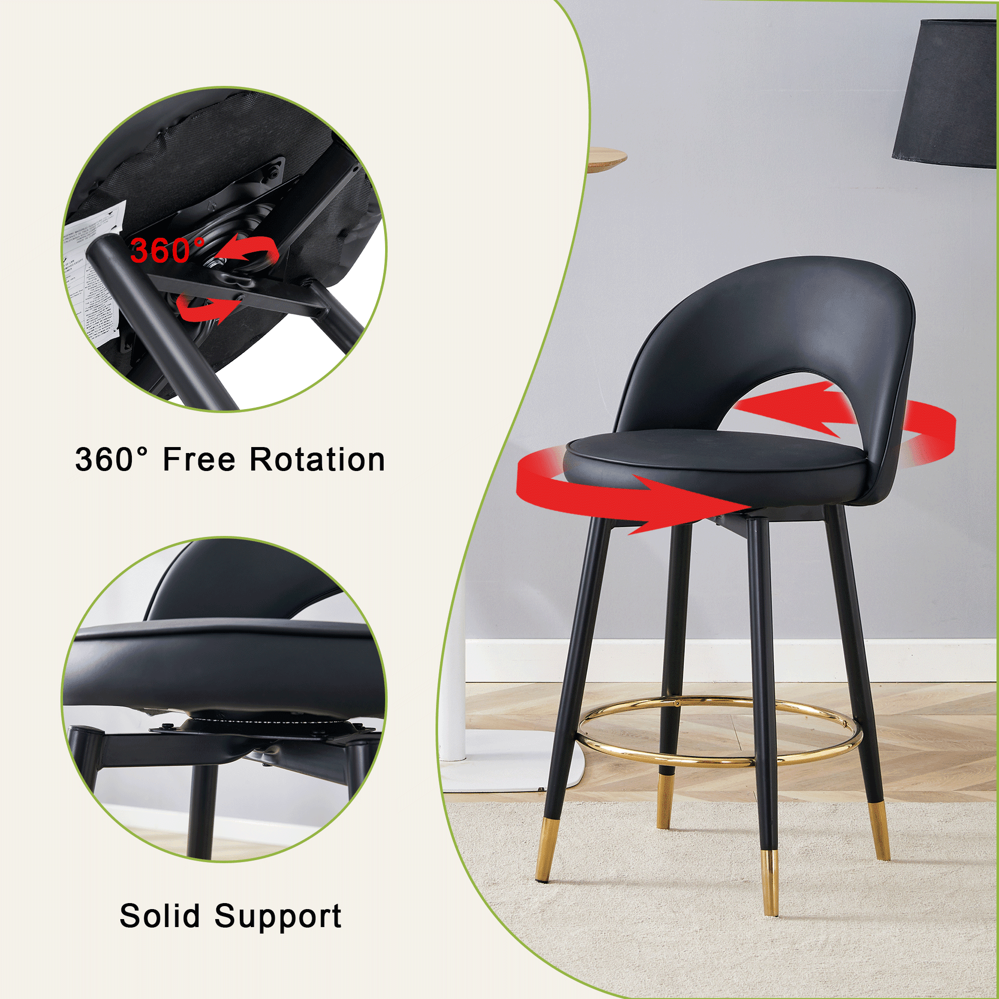 Noble House 360° Rotatable PU Bar Stool Set of 2,Comfortable Cushioned Seat,Black