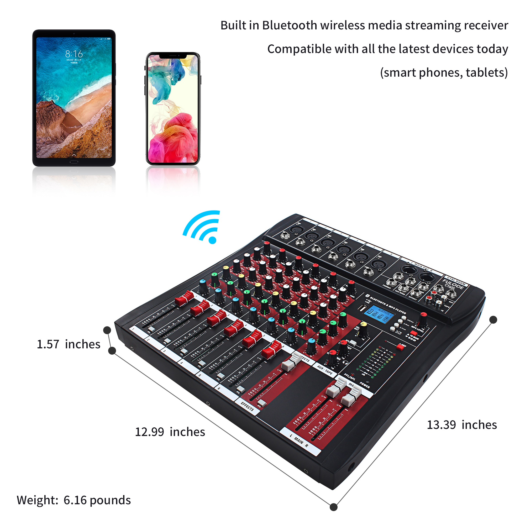 FULODE CT60 6-channel Professional mixer audio Bluetooth U disk 48V Phantom Power Source USB recording,dj mixer,Suitable for beginners as well