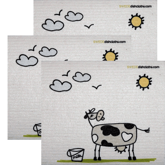 SWEDEdishcloths 3 PK (Cow in Sun) All-Purpose Dishcloth for Cleaning