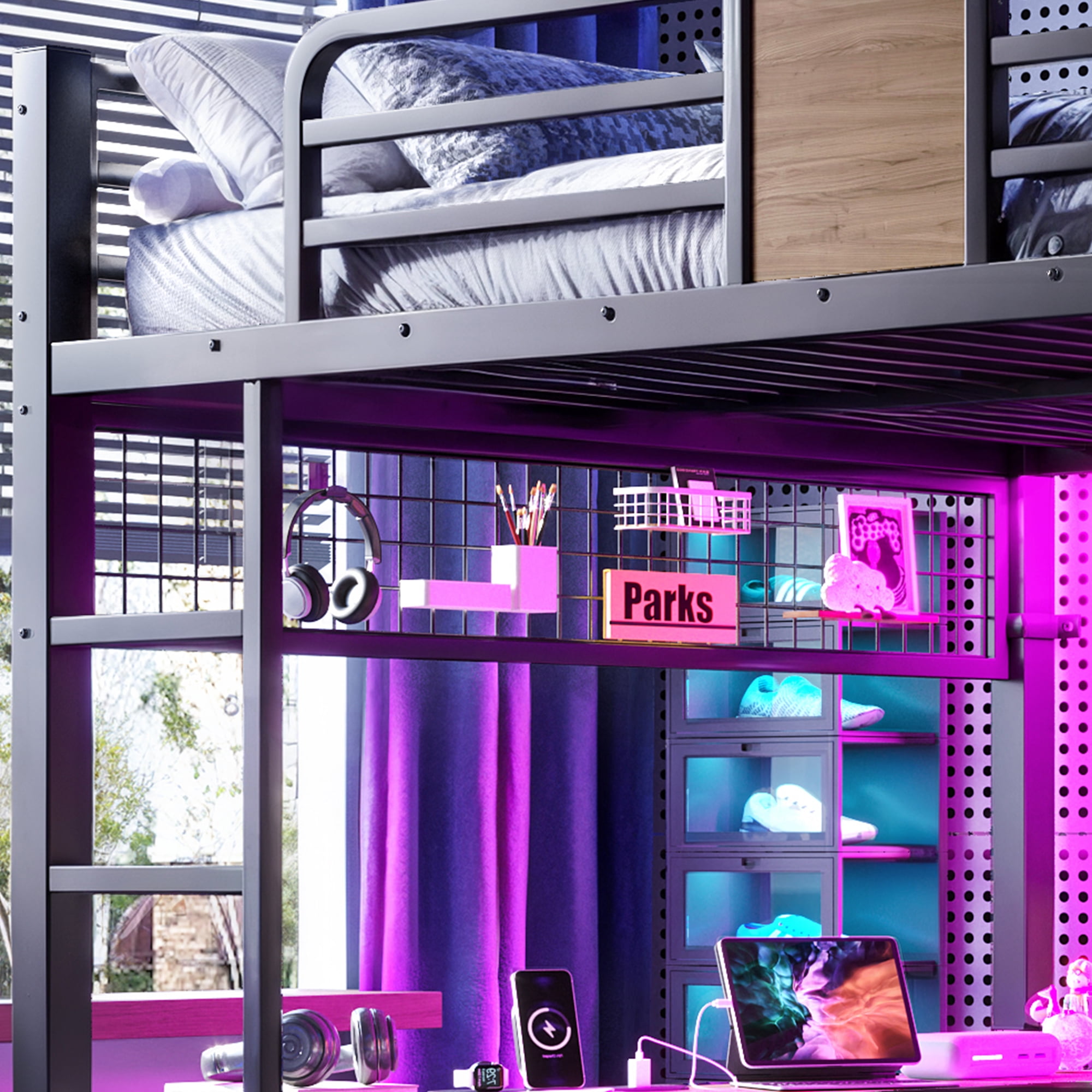 Mintazer Queen Metal Loft Bed with L-Shaped Desk & LED Light Strip, Loft Bed Frame with Charging Station and Clothes Hanging Rod & Storage Shelves for Teen Adult Small Apartment Dorm, Black & Walnut