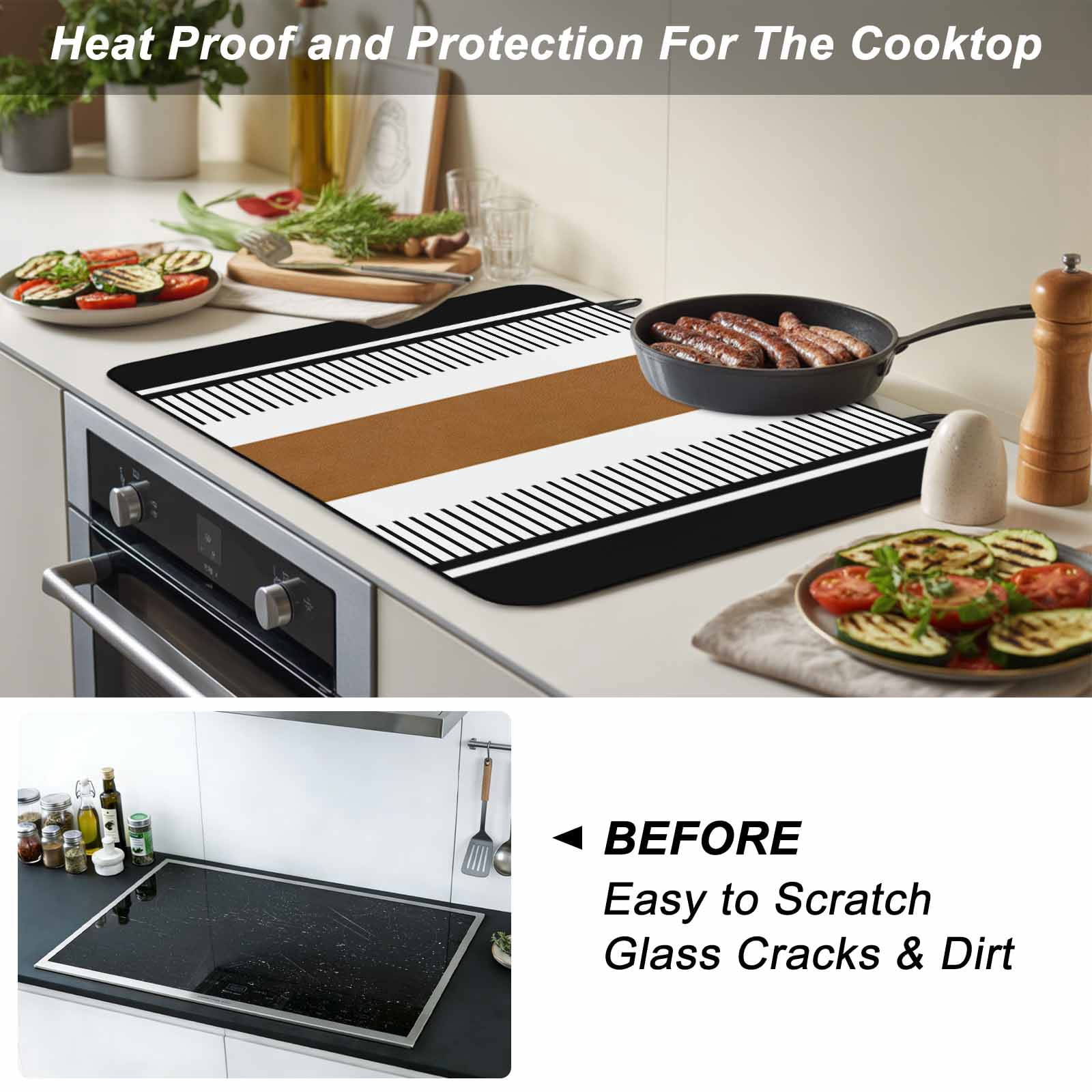 Modern Brown Black Stove Top Cover for Electric Stove, Heat-proof & Non Slip Glass Top Stove Cover Protector, Boho Contemporary Geometric Striped Kitchen Flat Cooktop Rubber Mat 24x21 Inches