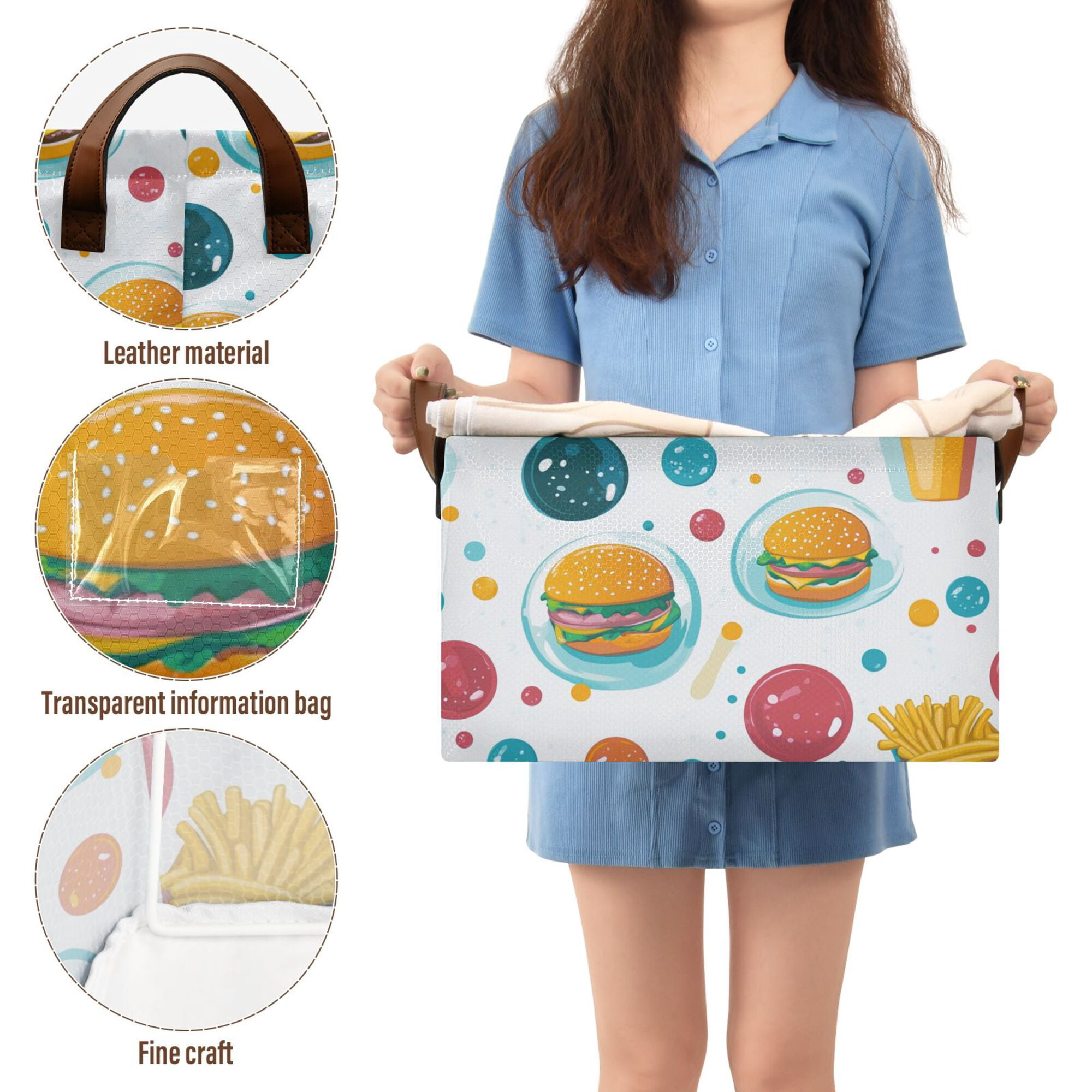 Yayeee Foldable Storage Basket for Shelves Set of 2 Waterproof Cloth Bins with Handles, Bubbles Hamburger