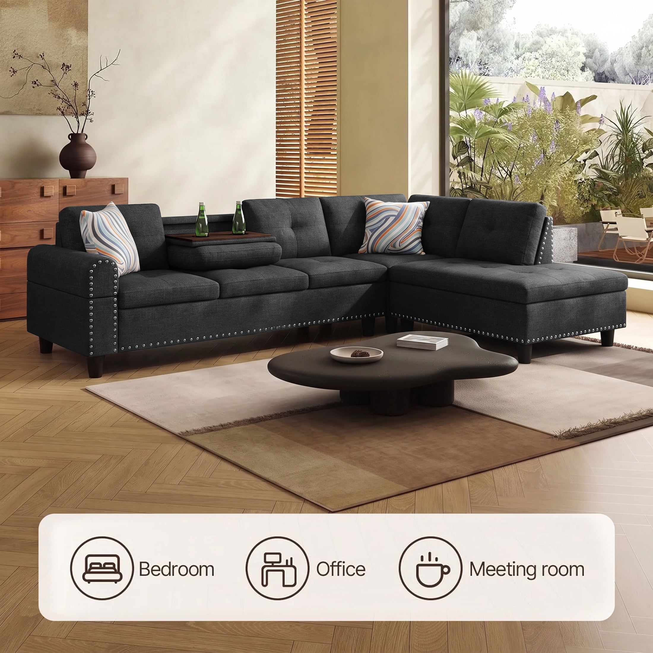 AENKYO 98" L-Shaped Sectional Sofa with Reversible Chaise and Cup Holders, Linen, Black Gray
