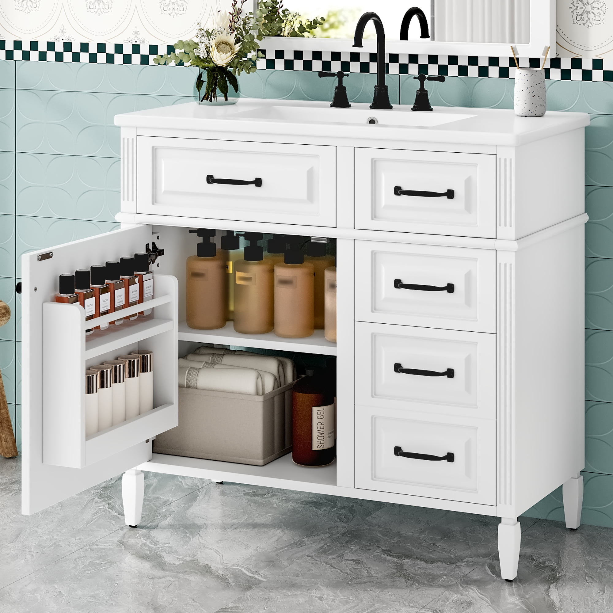 Euroco 36-Inch Bathroom Vanity with Ceramic Sink Top, Solid Wood Frame and MDF Cabinet, Flip Drawer Design with Adjustable Shelf and Metal Handles, Freestanding Bathroom Storage Cabinet