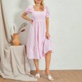 thumbnail image 3 of Douhoow Women Pink Plaid Midi Dress Square Neck Short Sleeve A-line Dresses Beach Holiday Checkered Swing Tea Dress, 3 of 9