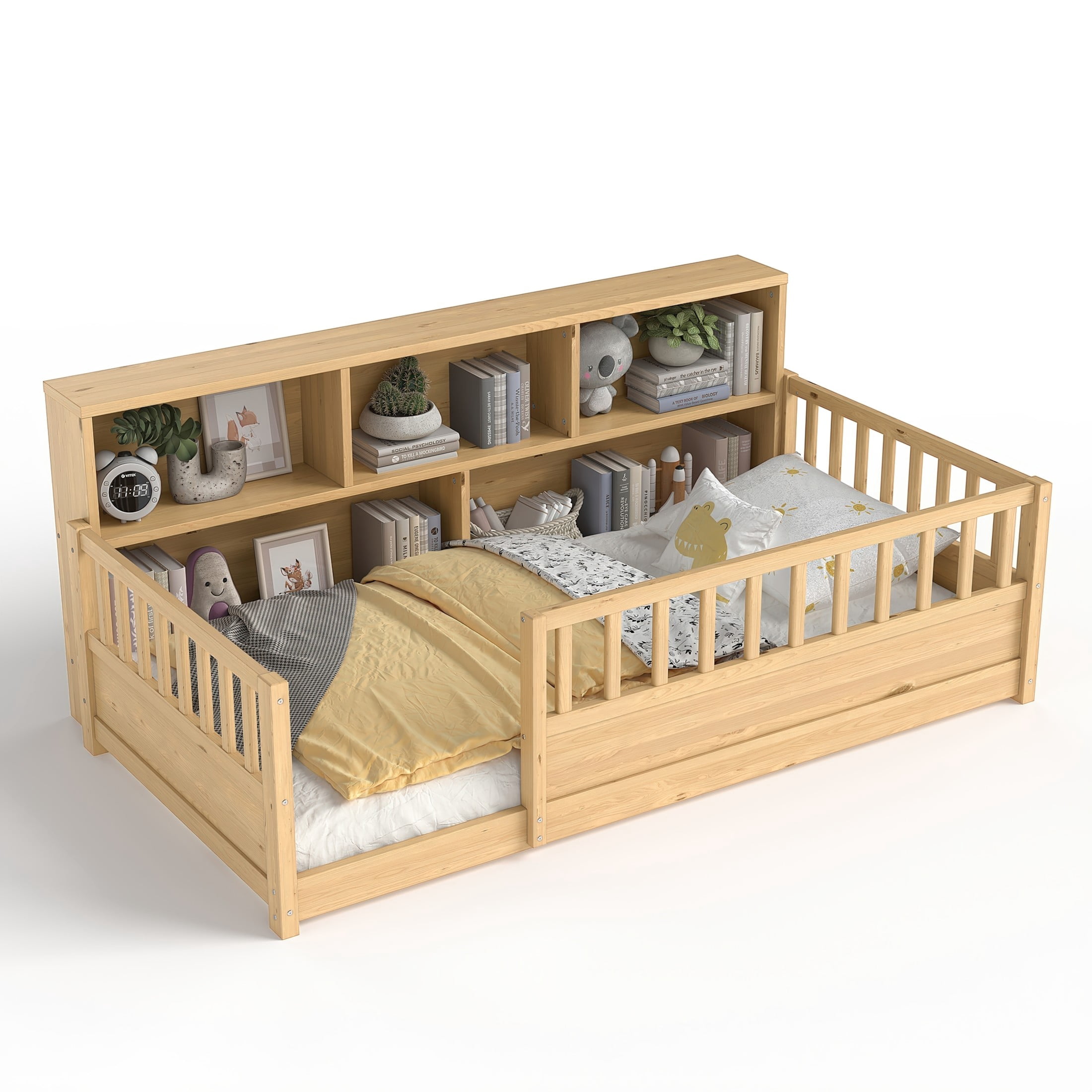 Noble House Twin Size Montessori Floor Bed with Fence Guardrails and Side Storage Shelf, Natural