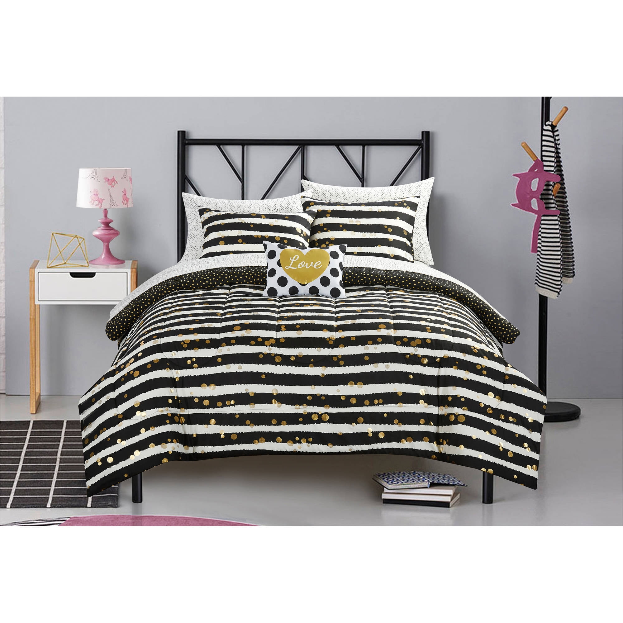 image: Latitude Gold Glitter Stripe and Polka Dot Bed in a Bag Bedding Set