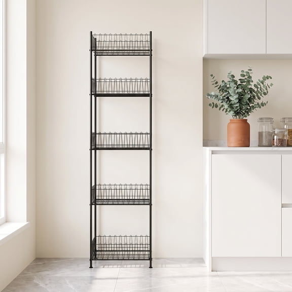 5‑Tier Water Bottle Organizer Rack, Metal Free‑Standing Beverage Storage Shelf, Black, Space‑Saving Bottle Holder for Kitchen Living Room Floor