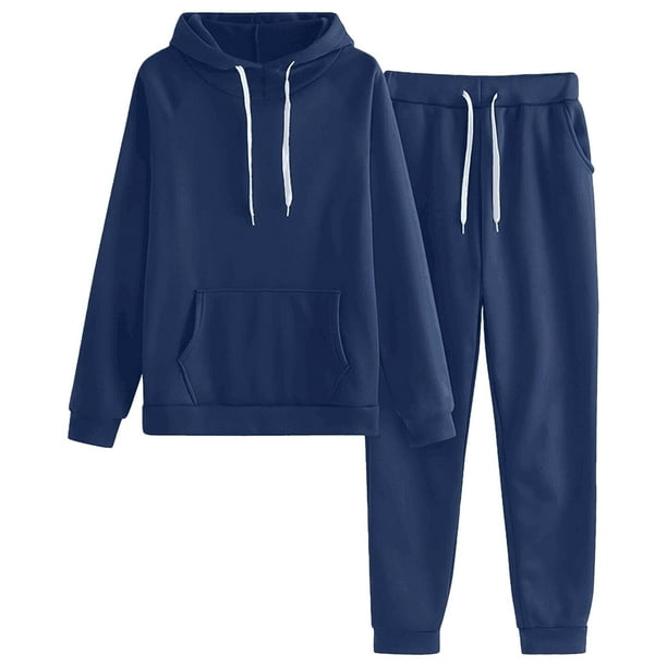 Sonducket El chándal con capucha de los deportes del poliéster para las mujeres cómodas y elegantes suda las sudaderas con capucha del conjuntos de ropa azul oscuro+S