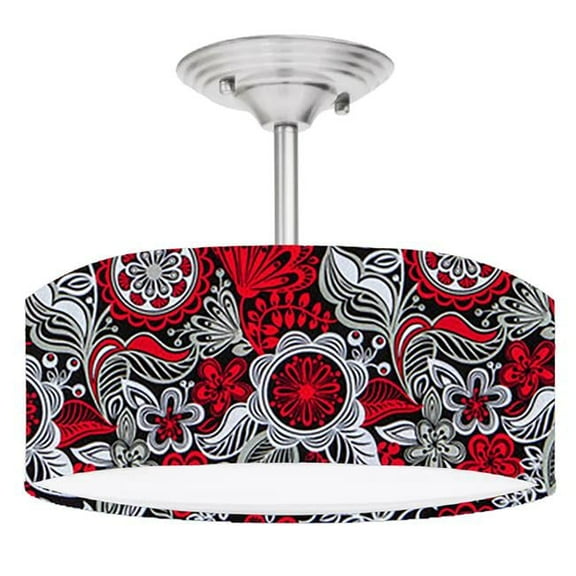 888 Cool Fans DR-0001227 Sabrina Black & Red Floral 2-Light Brushed Nickel Drum Style LED Lamp Fixture