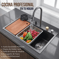thumbnail image 4 of Fregadero Tarja de Cocina Acero Inoxidable 75×45 cm con Grifo Cascada & Extraíble, Antihuella – Incluye Tabla, Colador y Dispensador de Jabón - Negro Matte, 4 of 7